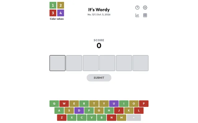 It's Wordy No. 121 for 5 October 2026: the colour value key from 1 to 4, a score of 0, six empty letter boxes and a keyboard coloured by today's letter values