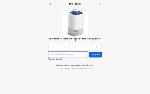 ITS PRICE daily item on 18 October 2026: a photo of a white home air purifier, five empty guess boxes and a box to enter a price in US dollars with a Lock guess button