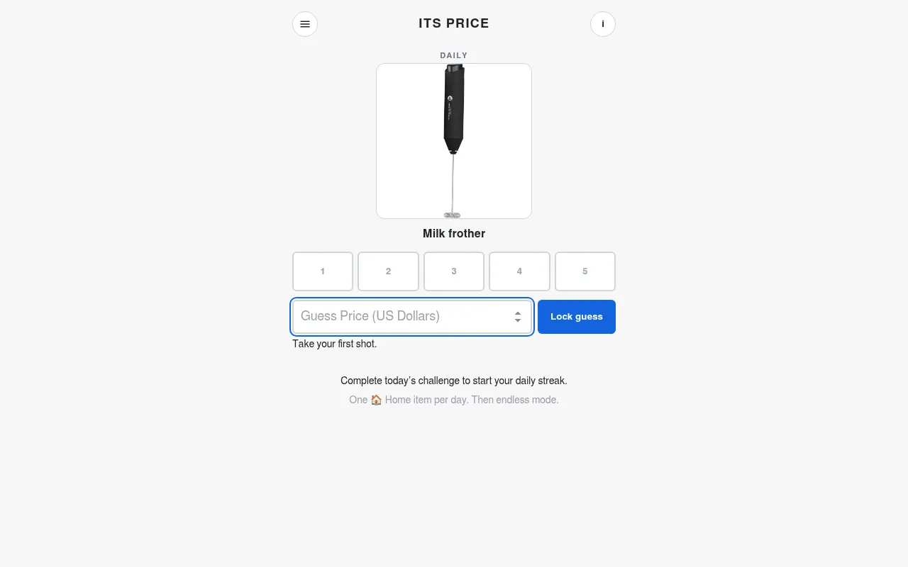 ITS PRICE daily item: a photo of a black handheld milk frother, five empty guess boxes and a box to enter a price in US dollars with a Lock guess button