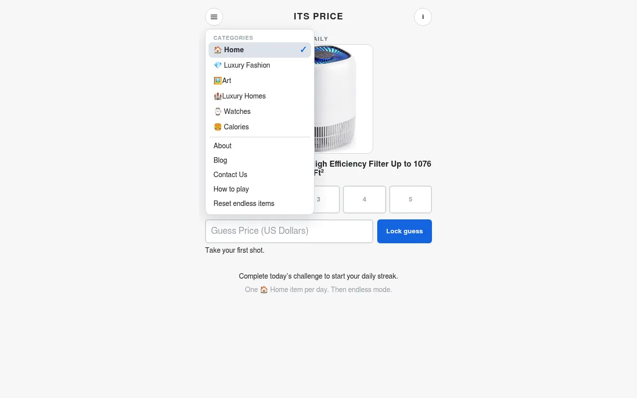 ITS PRICE menu listing its categories: Home, Luxury Fashion, Art, Luxury Homes, Watches and Calories