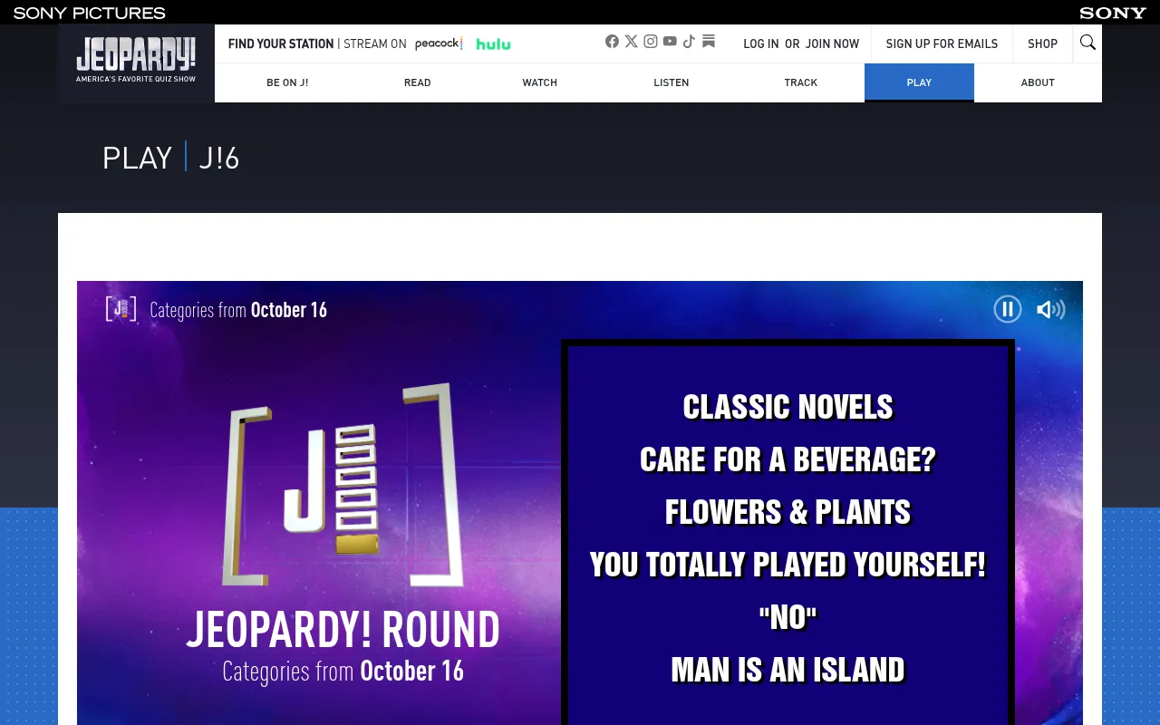 The J!6 Jeopardy! round intro listing the six categories from October 16, from Classic Novels to Man Is an Island