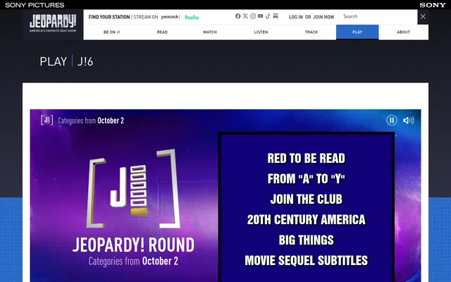 J!6 Jeopardy! round with categories from October 2: Red to Be Read, From A to Y, Join the Club, 20th Century America, Big Things and Movie Sequel Subtitles