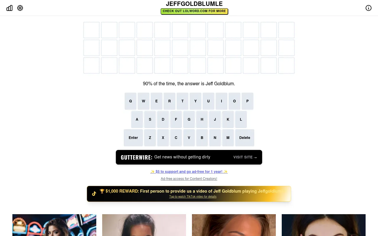 Jeffgoldblumle on a desktop: an empty board of three rows of twelve tiles, the on-screen keyboard and the offer to go ad-free for a year