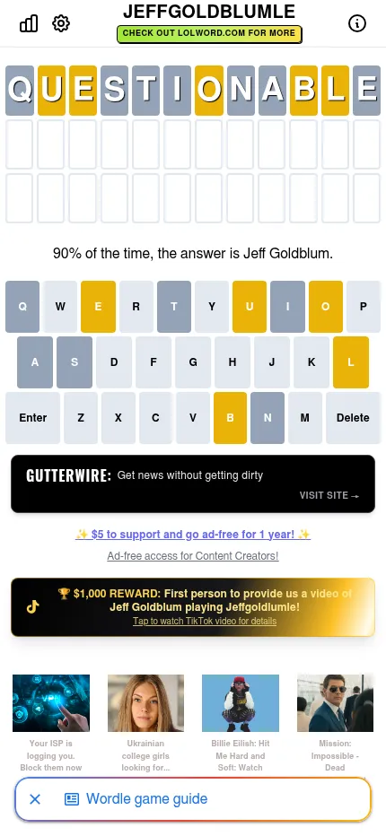 Jeffgoldblumle at phone size: the guess QUESTIONABLE in the first of three rows of twelve tiles, its letters marked yellow and grey, above the coloured keyboard