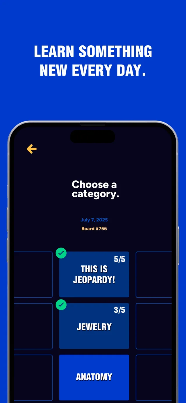 Jeopardy! Daily category screen for July 7, 2025, Board #756, with categories such as This Is Jeopardy!, Jewelry and Anatomy