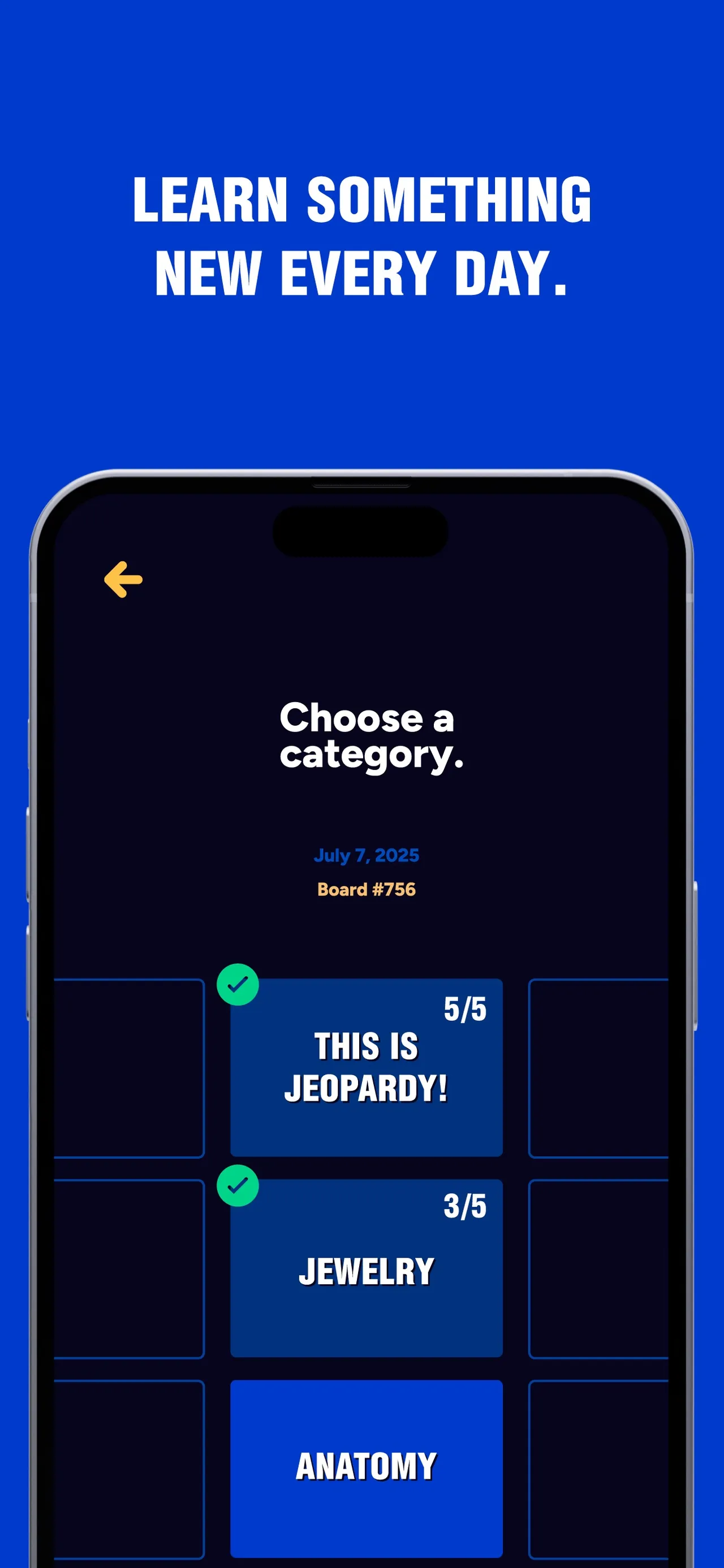 Jeopardy! Daily category screen for July 7, 2025, Board #756, with categories such as This Is Jeopardy!, Jewelry and Anatomy