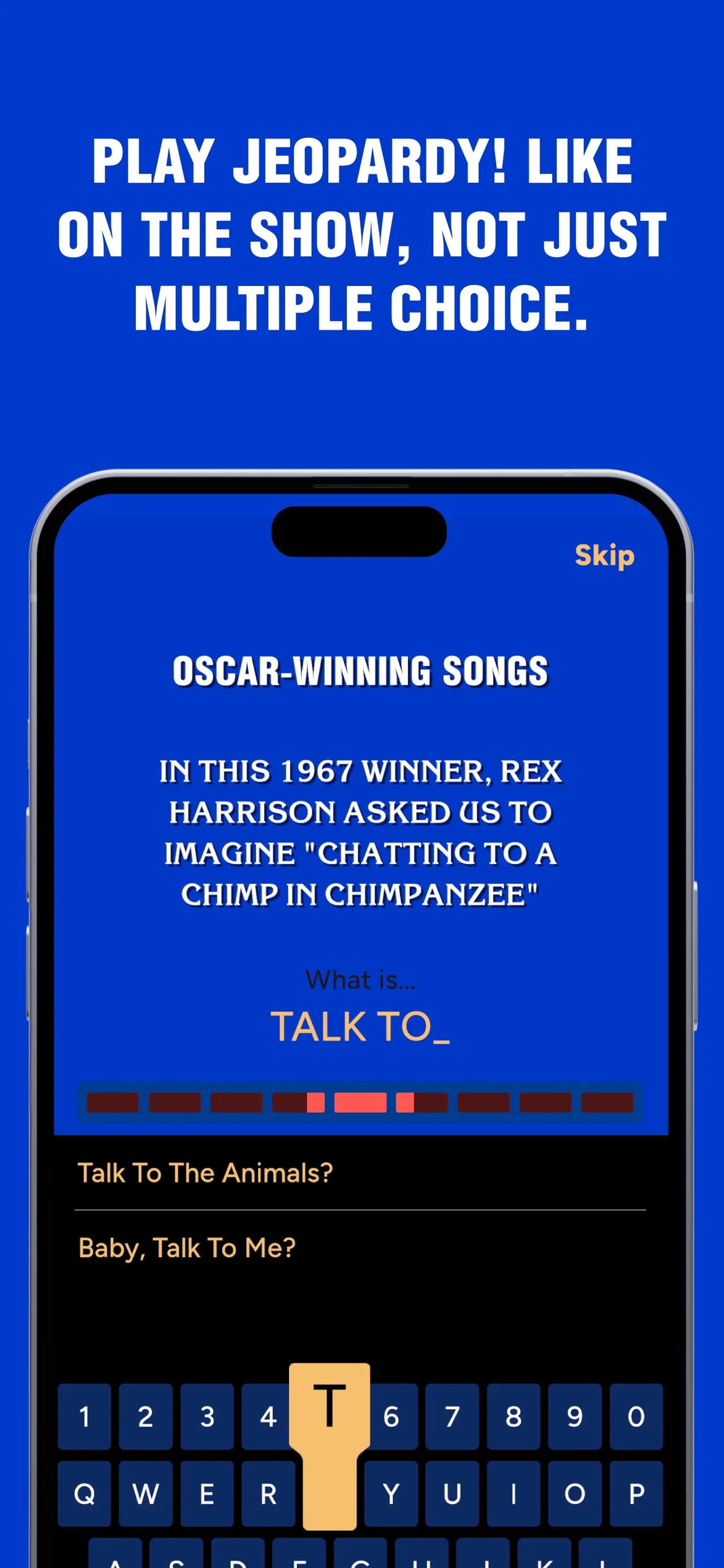 Jeopardy! Daily on iPhone: an Oscar-Winning Songs clue with the response being typed and suggestions above the keyboard