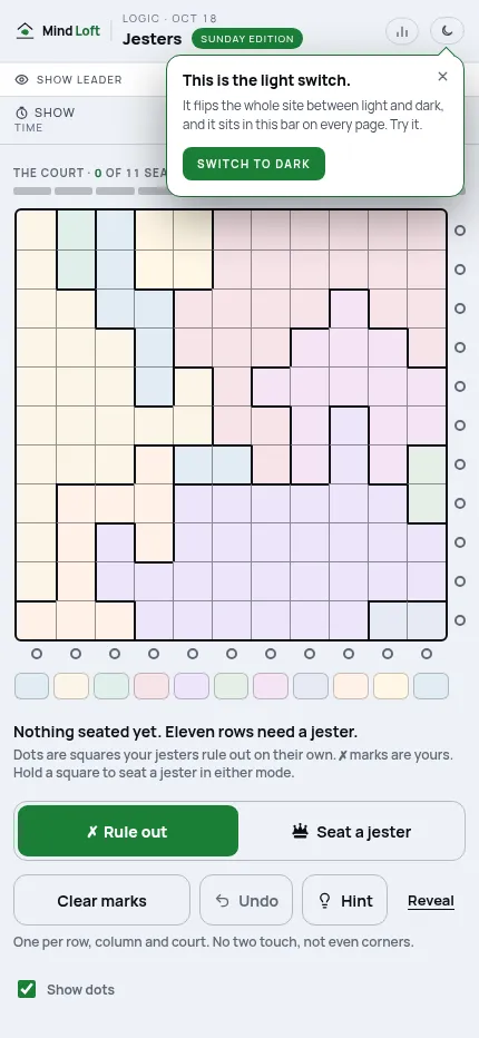 Jesters on a phone: the 11 by 11 Sunday court with the colour key, Rule out and Seat a jester buttons, Clear marks, Undo and Hint below the board