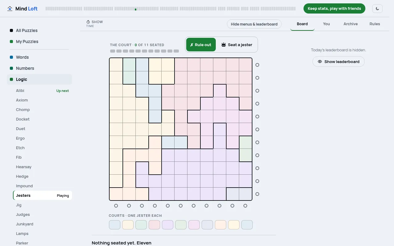 Jesters Sunday Edition board of 18 October 2026 at desktop size: an empty 11 by 11 court of coloured regions, with Rule out and Seat a jester modes above