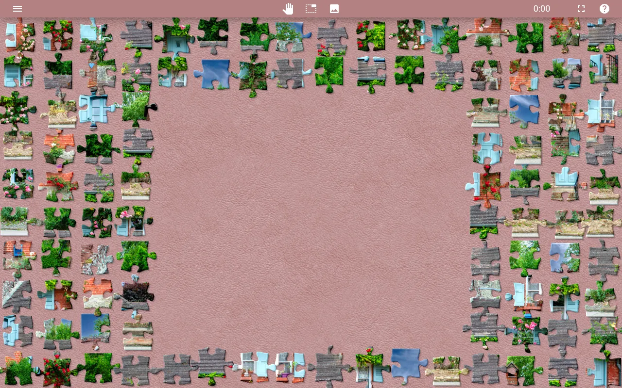 Jigsaw Explorer player at the start of the 17 October 2026 Daily Jigsaw, Gerberoy Rose Cottage: pieces of a rose-covered cottage with blue shutters laid around an empty pink board, timer at 0:00