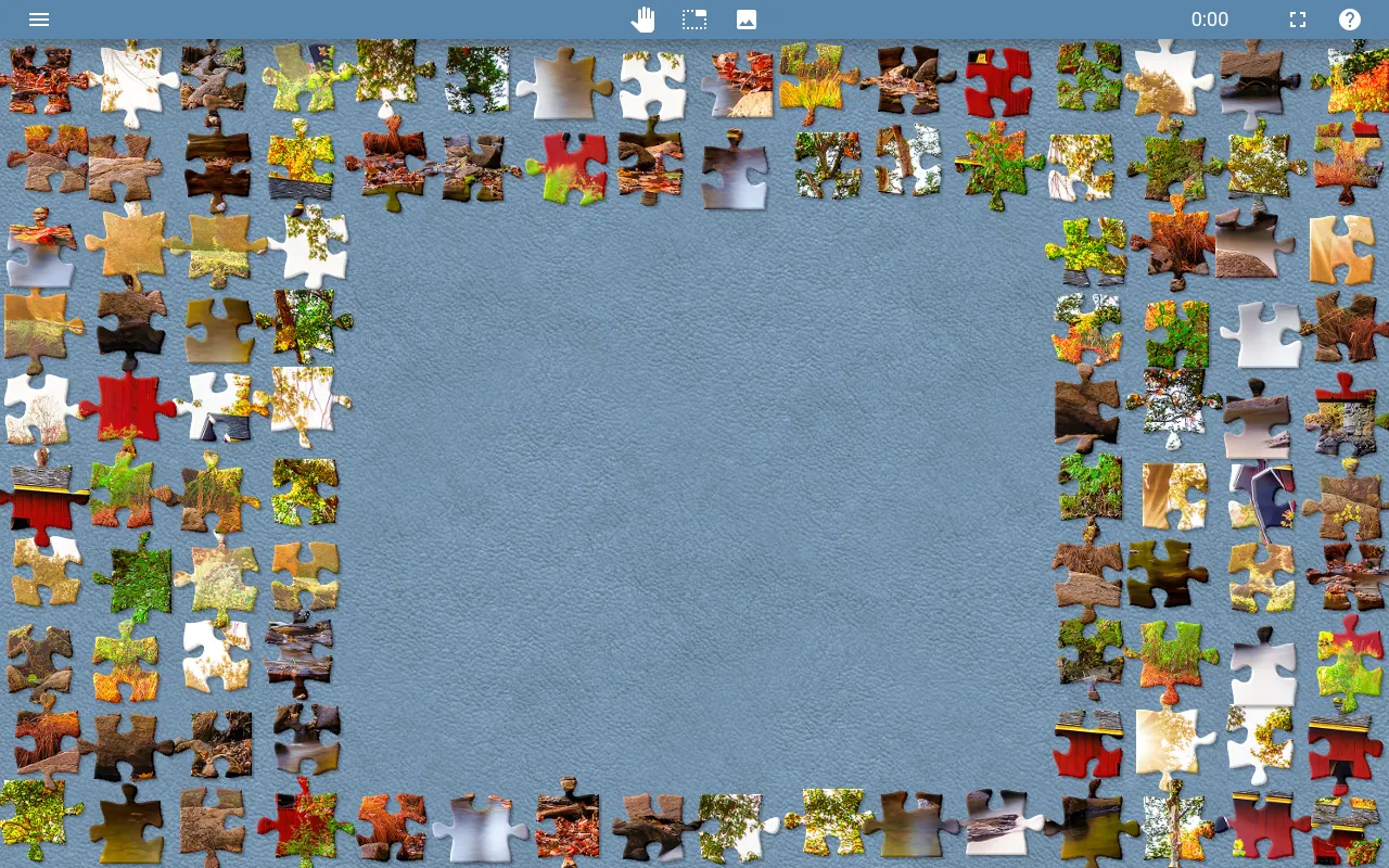 Jigsaw Explorer puzzle player at the start of the 5 October 2026 Daily Jigsaw, a red covered bridge in autumn: the cut pieces laid out around the edges of an empty blue board, with the timer at 0:00