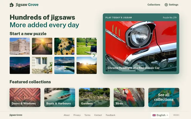 Jigsaw Grove home: Play today's jigsaw, Puzzle No. 279, a red classic car's chrome headlight, beside thumbnails of other puzzles and featured collections