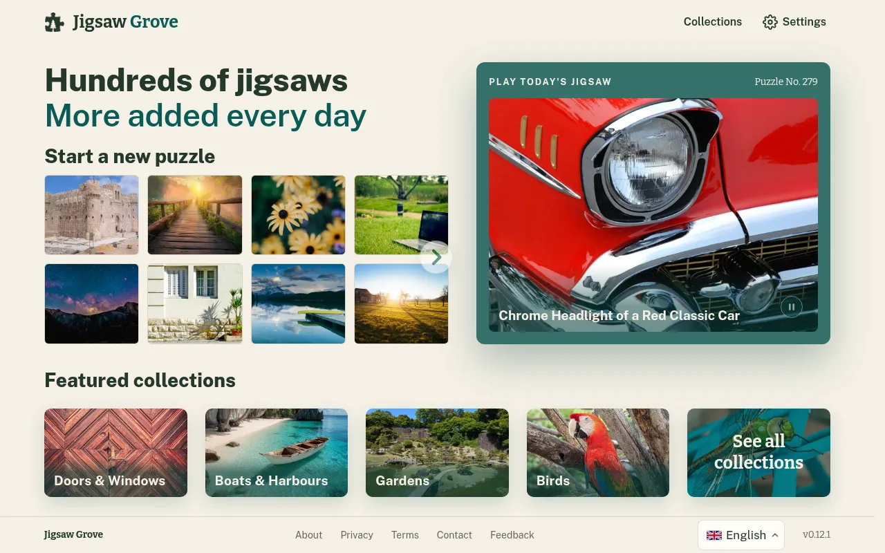 Jigsaw Grove home: Play today's jigsaw, Puzzle No. 279, a red classic car's chrome headlight, beside thumbnails of other puzzles and featured collections