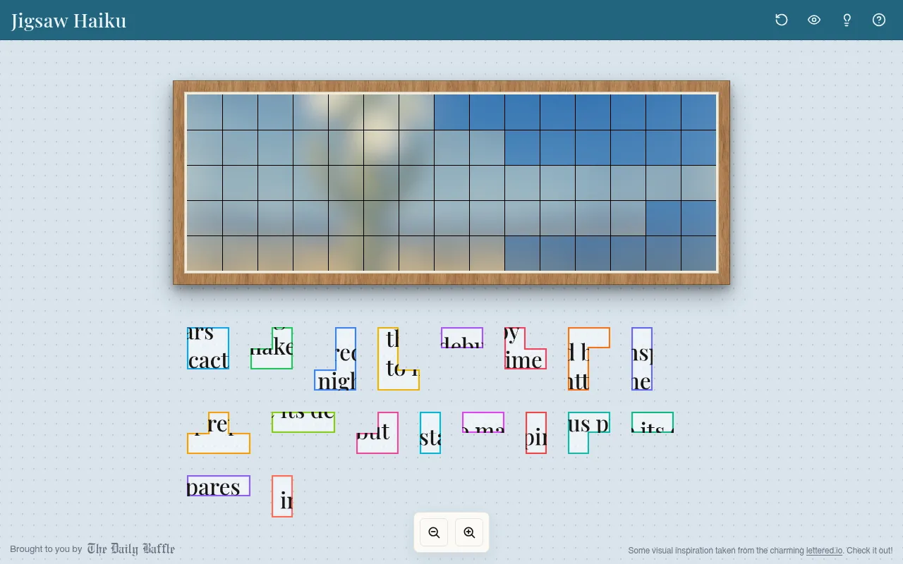 A Jigsaw Haiku board in play: an empty framed grid over a blurred painting, with eighteen outlined pieces below carrying fragments of the day's haiku