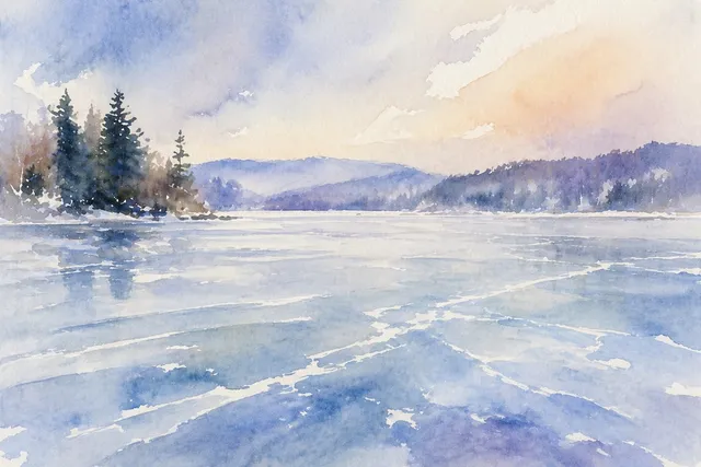 Watercolour of a frozen lake with pine trees, the painting revealed by a Jigsaw Haiku puzzle