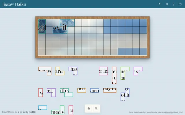 Today's Jigsaw Haiku board in play: two pieces placed at the top left show 'wat' and 'ew it' over a glacier painting, with the other outlined letter pieces waiting below