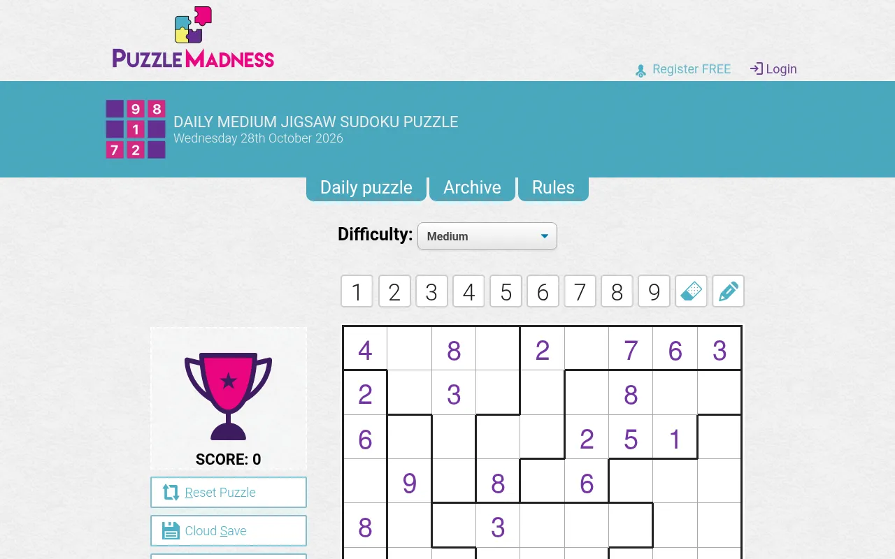 The PuzzleMadness Jigsaw Sudoku page on a desktop, 28 October 2026: the Difficulty menu set to Medium, the digit buttons and the top of the grid beside the score panel