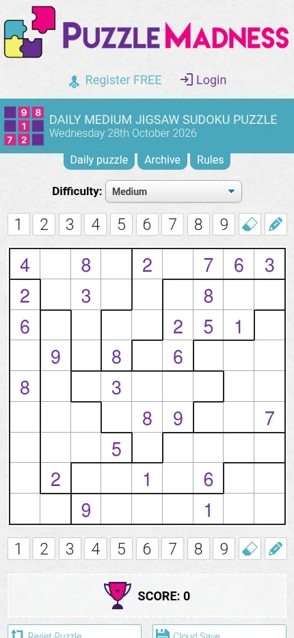 The Medium Jigsaw Sudoku for 28 October 2026 on PuzzleMadness at phone size: a 9x9 grid of givens split by thick lines into nine crooked regions, with digit buttons above and below