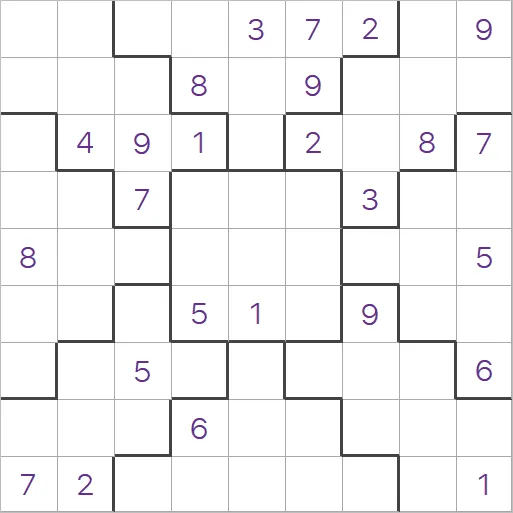 An example Jigsaw Sudoku starting grid from PuzzleMadness's rules, a 9x9 grid split by thick lines into irregular regions
