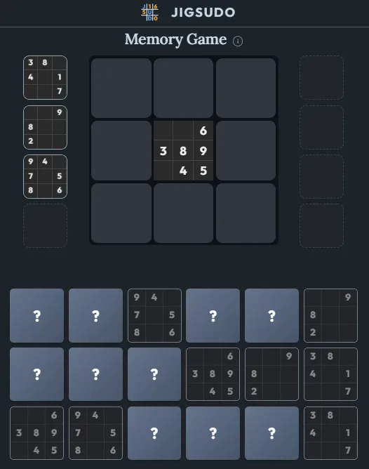 Jigsudo memory game: face-down cards and revealed 3x3 sudoku blocks, with collected blocks beside the board
