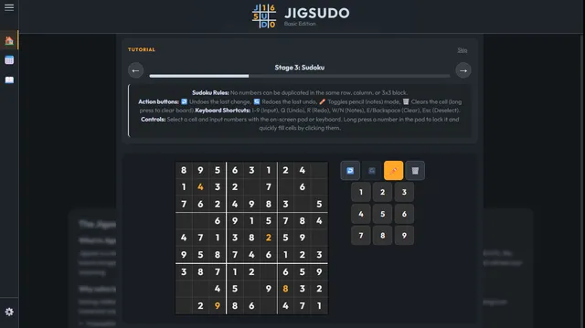 Jigsudo Stage 3: a 9x9 sudoku with a few cells left, number pad with undo, redo, notes and clear buttons, and the rules panel