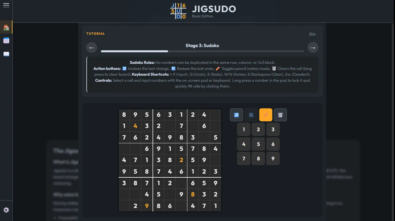 Jigsudo Stage 3: a 9x9 sudoku with a few cells left, number pad with undo, redo, notes and clear buttons, and the rules panel