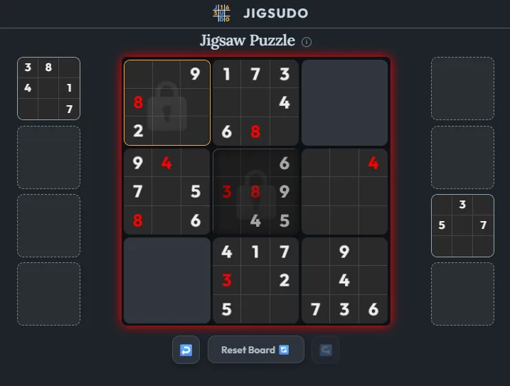 Jigsudo jigsaw stage: 3x3 sudoku blocks being placed into a 9x9 frame, with locked pieces and spare blocks at the sides