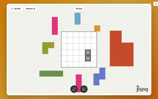 The Jigsy Classic grid for 30 October 2026: an empty 6x6 grid with two grey obstacle cells, coloured pieces of different sizes laid around it, a timer and a move counter