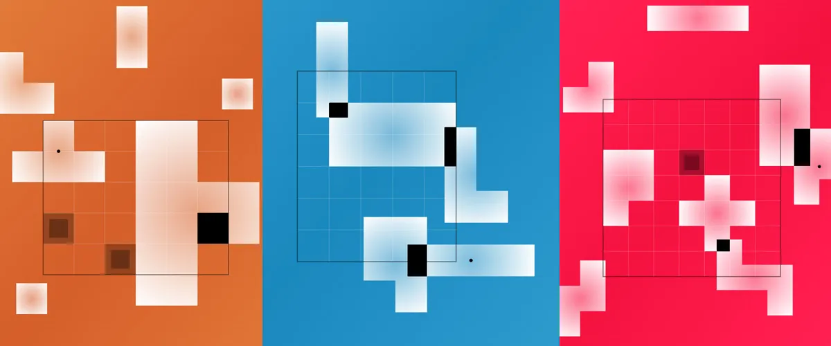 Three Jigsy grids in orange, blue and red colour themes with white pieces partly placed