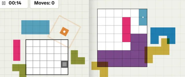 Jigsy boards: coloured polyomino pieces around a white grid, one piece being rotated, and a partly filled grid