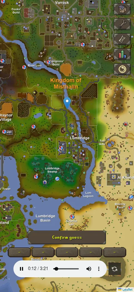 The Daily Jingle at phone size: the map of Misthalin and Lumbridge with a pin, the Confirm guess button, five score boxes and the audio player