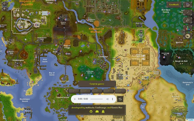 A Daily Jingle round: the Old School RuneScape world map around Lumbridge and Draynor Village, with a Confirm guess button, five empty score boxes for the day's tracks and an audio player for the trac