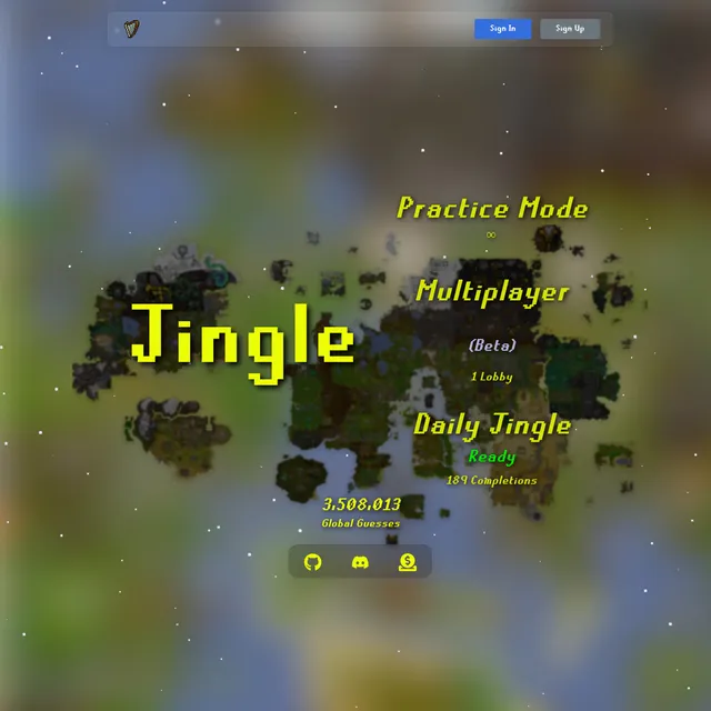 The Jingle main menu over a blurred Old School RuneScape world map, with the yellow pixel-font title and options for Practice Mode, Multiplayer (Beta) and Daily Jingle marked Ready