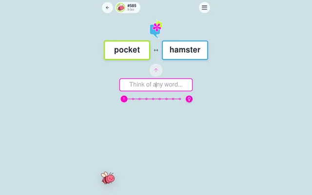 Jinx Bee daily #585 for 5 Oct: the cue words pocket and hamster, a box to think of any word and a row of tries ending in a hint bulb