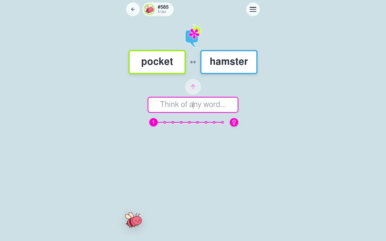 Jinx Bee daily #585 for 5 Oct: the cue words pocket and hamster, a box to think of any word and a row of tries ending in a hint bulb