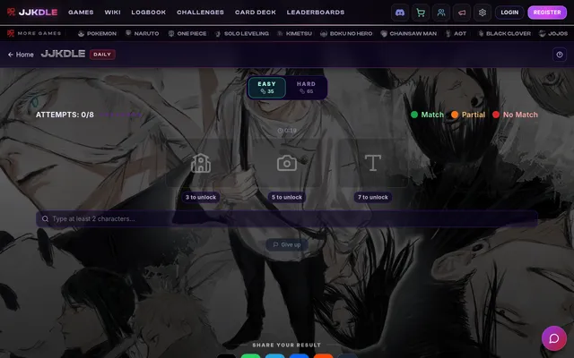 The JJKdle daily board before the first guess: Easy and Hard toggles, attempts 0 of 8, three locked hints at 3, 5 and 7 guesses and the character search box over Jujutsu Kaisen artwork