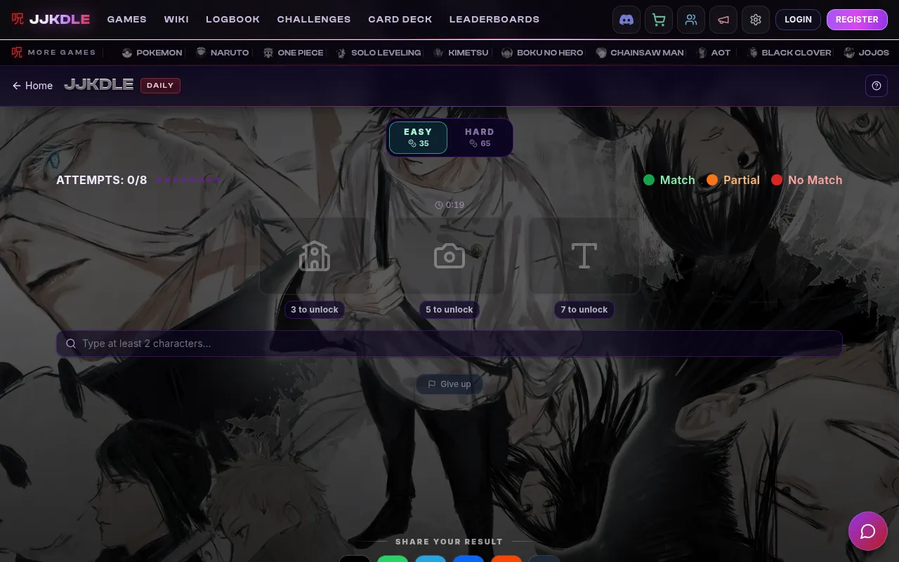 The JJKdle daily board before the first guess: Easy and Hard toggles, attempts 0 of 8, three locked hints at 3, 5 and 7 guesses and the character search box over Jujutsu Kaisen artwork