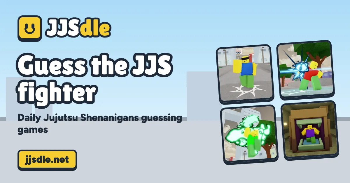 JJSDle share card: Guess the JJS fighter, with four Jujutsu Shenanigans move screenshots