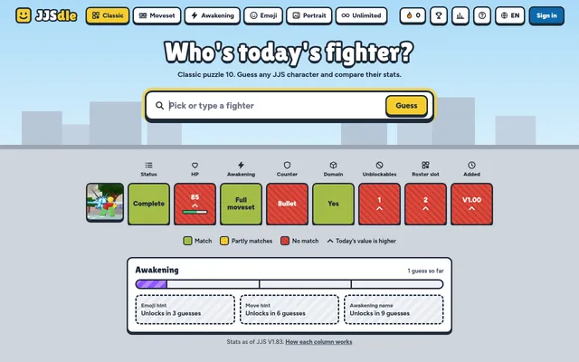 JJSDle Classic board after one guess: a fighter's stat columns marked green and red, with arrows and the awakening hint bar