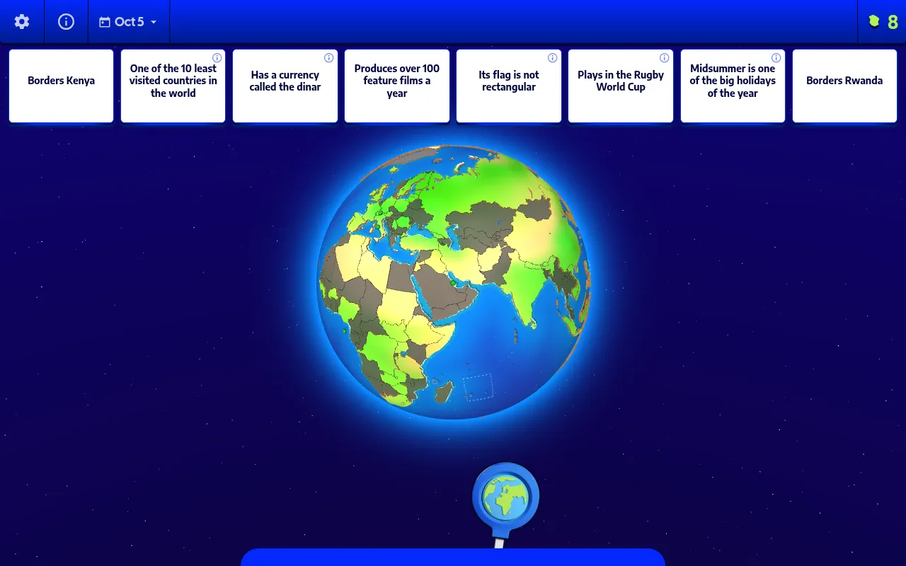 Country Links board for Oct 5: eight category cards such as Borders Kenya and Has a currency called the dinar above a 3D globe of Europe, Africa and Asia