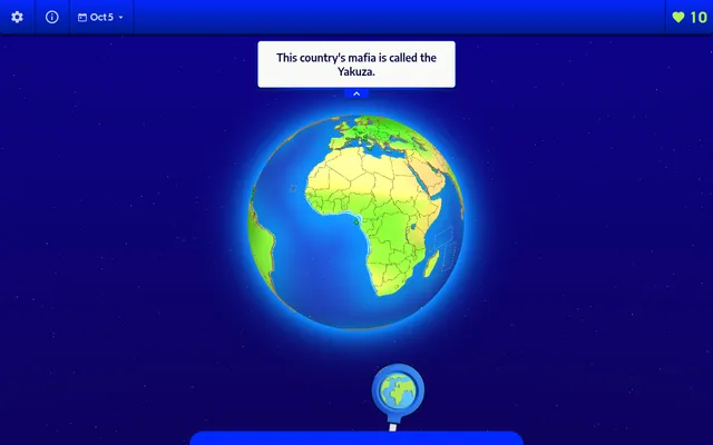 JordGlobe Daily Trivia for Oct 5: a country clue card above a 3D globe showing Africa and Europe, with 10 pins left