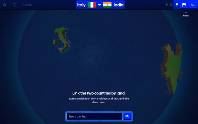 GeoPath for Oct 17: Italy to India with both flags at the top, the two countries lit on a dark globe, and a box to type a country