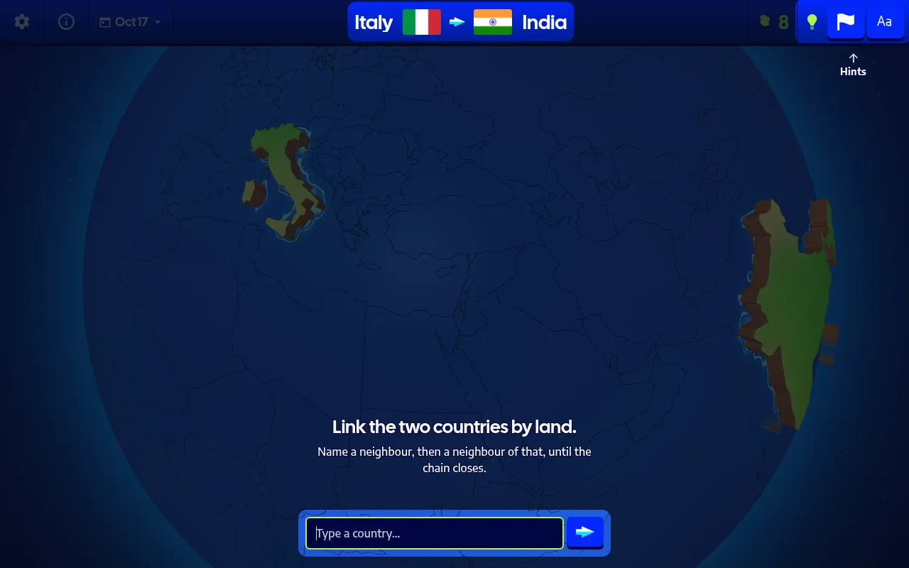 GeoPath for Oct 17: Italy to India with both flags at the top, the two countries lit on a dark globe, and a box to type a country