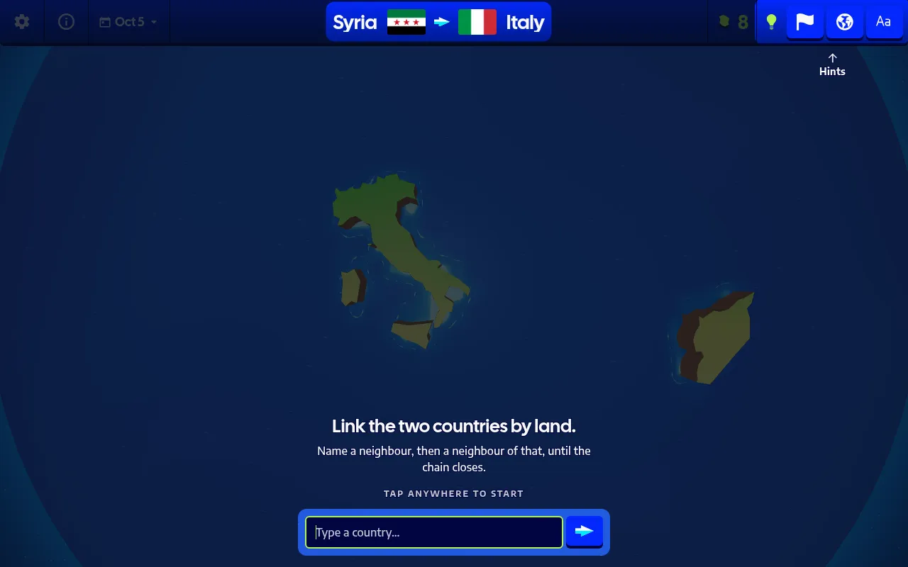 GeoPath for Oct 5: Syria to Italy with both flags at the top, the two countries' shapes on a dark globe, and a box to type a country