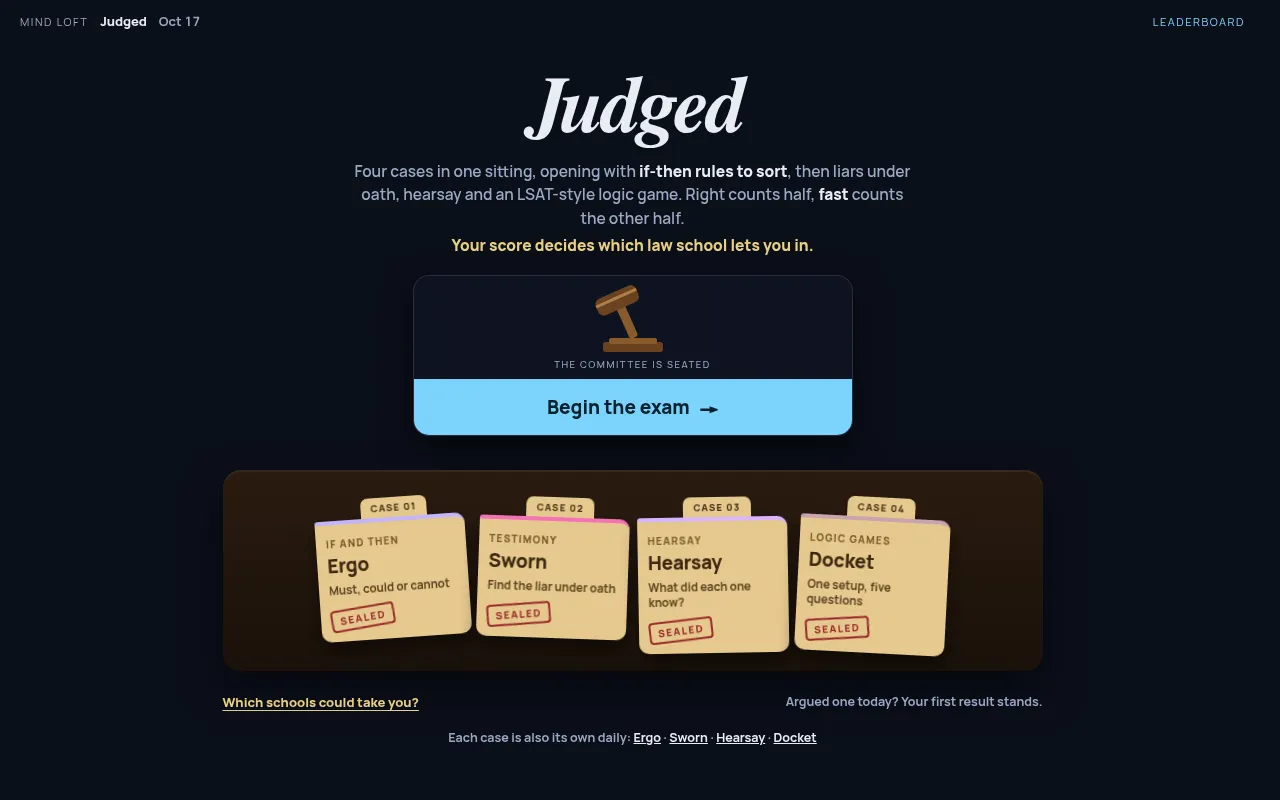 Judged start screen: the Begin the exam button above four sealed case cards, Ergo, Sworn, Hearsay and Docket