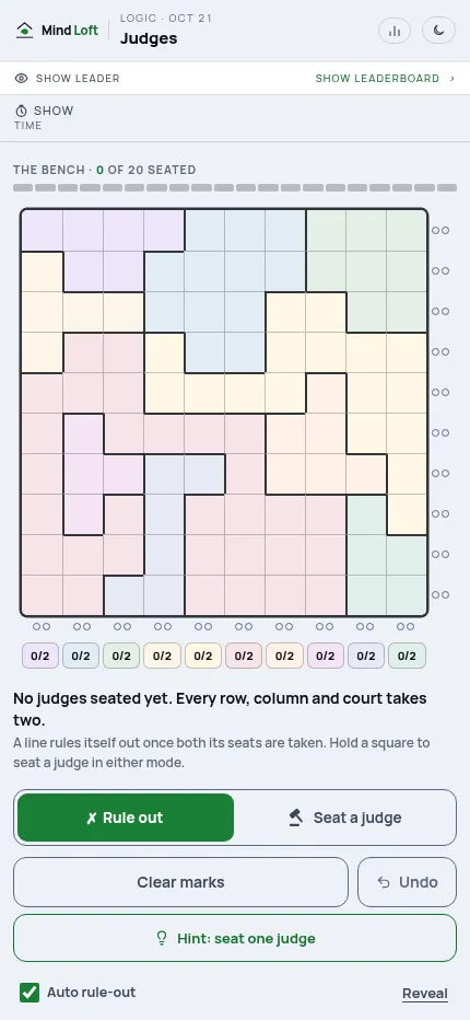 Judges on a phone, October 21, 2026: the 10x10 bench with 0 of 20 judges seated, the Rule out and Seat a judge buttons, Undo, a hint button and the Auto rule-out box