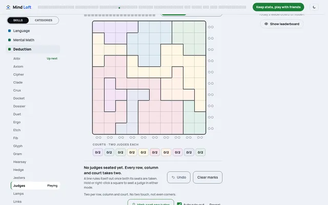 The Judges bench for October 21, 2026 at desktop size: an empty 10x10 grid of coloured courts, two seat pips beside each row and column, and ten court counters at 0/2