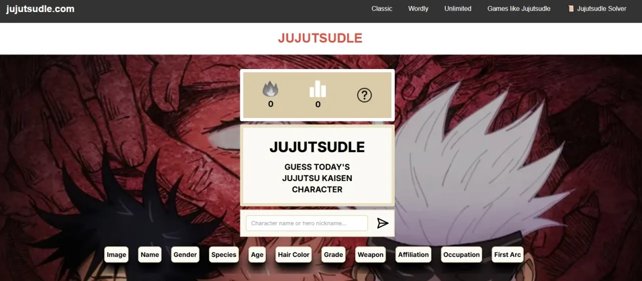 The Jujutsudle start screen: Guess today's Jujutsu Kaisen character, a name box and the eleven columns over Jujutsu Kaisen art