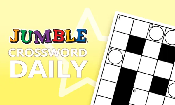 Jumble Crossword Daily art: the colourful Jumble logo beside a crossword grid with numbered squares and circled letter boxes on a yellow background