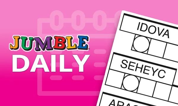 Jumble Daily art: the Jumble logo beside a puzzle card with the scrambled words IDOVA and SEHEYC above rows of boxes, some circled